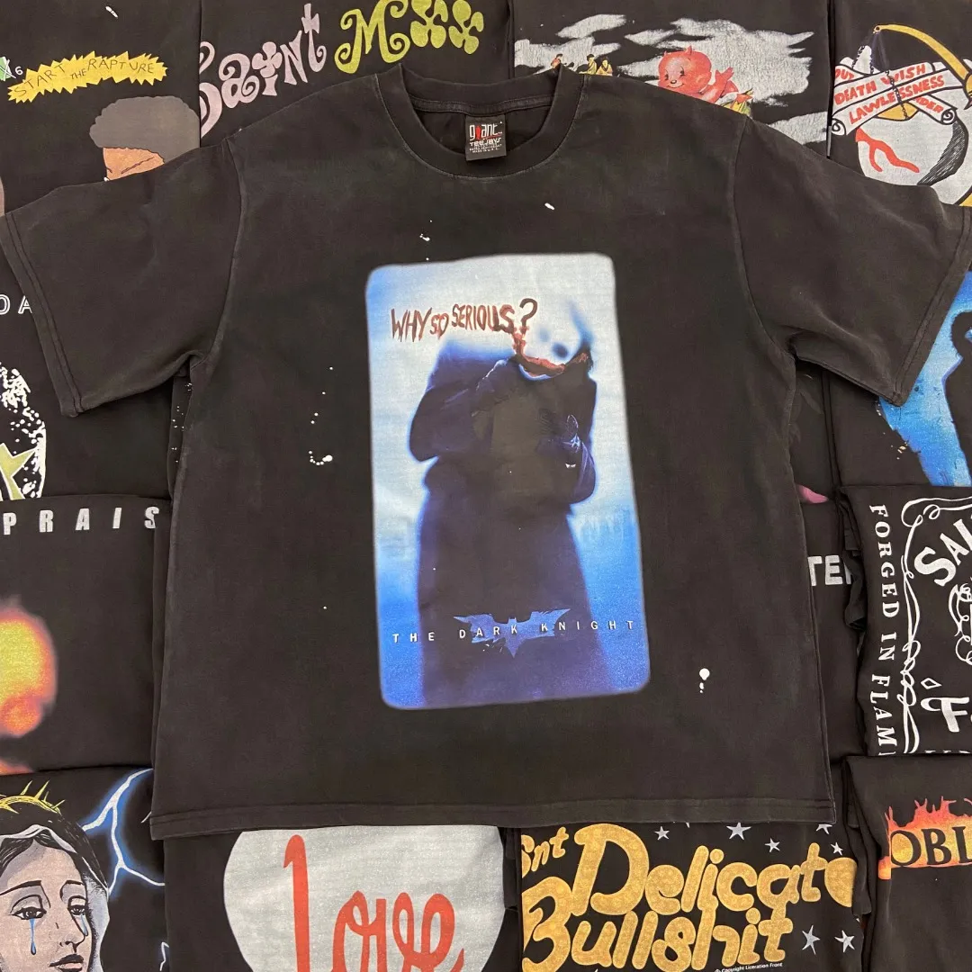 Saint Michael series of new American retro washed and distressed niche printed pure cotton loose short-sleeved T-shirts with digital white ink direct injection, breathable fabrics and three-dimensional and clear patterns. Fabric: Double yarn 240g Size: S-M-L-XL